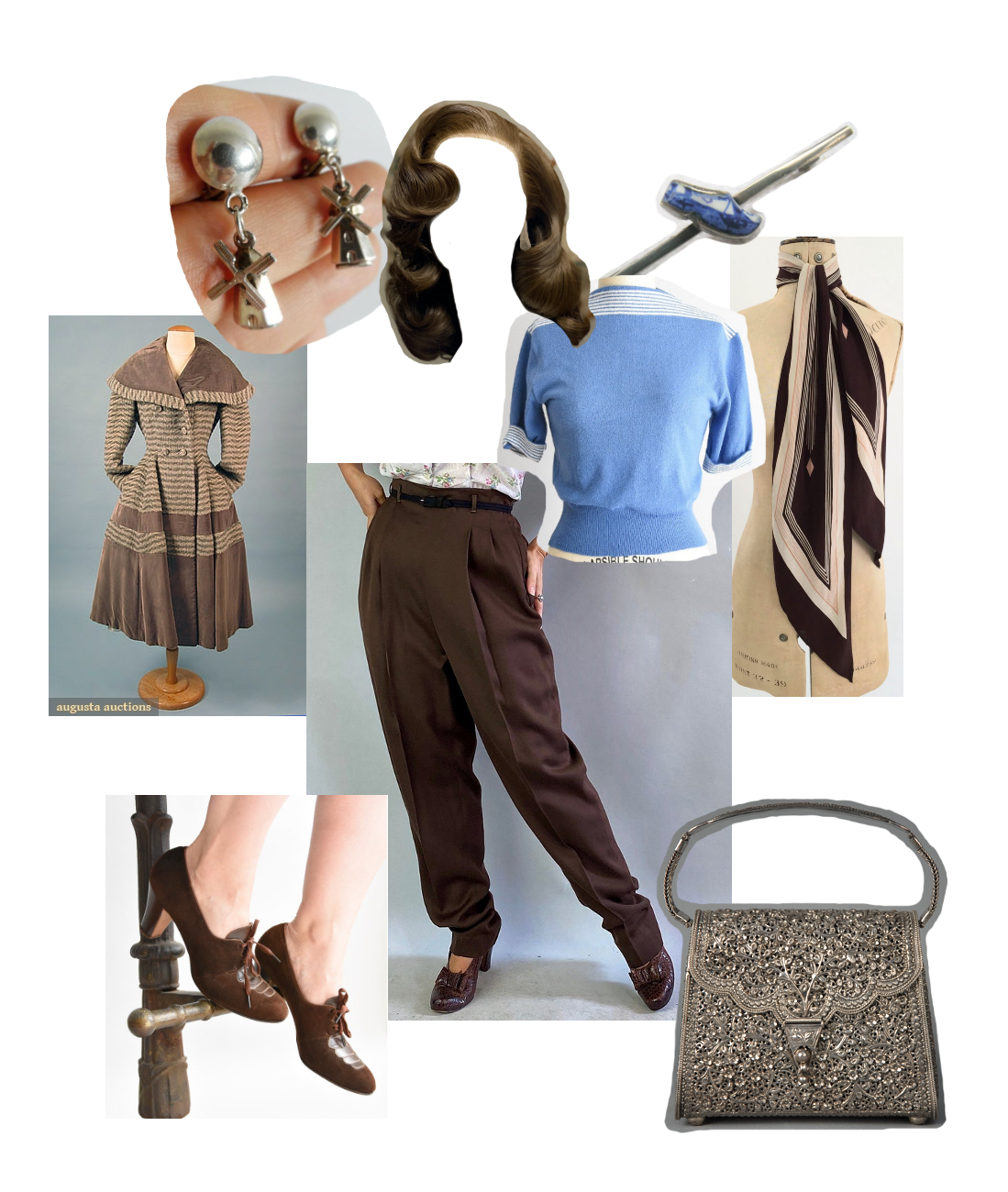 outfit set: 1940's, high-waist pants and short-sleeve sweater with narrow scarf, brown and light blue, silver accessories with a subtle Dutch theme, shoulder-length wig with soft brown curls